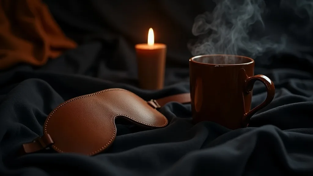 Bandeau de cuir sur draps de soie et mug fumant