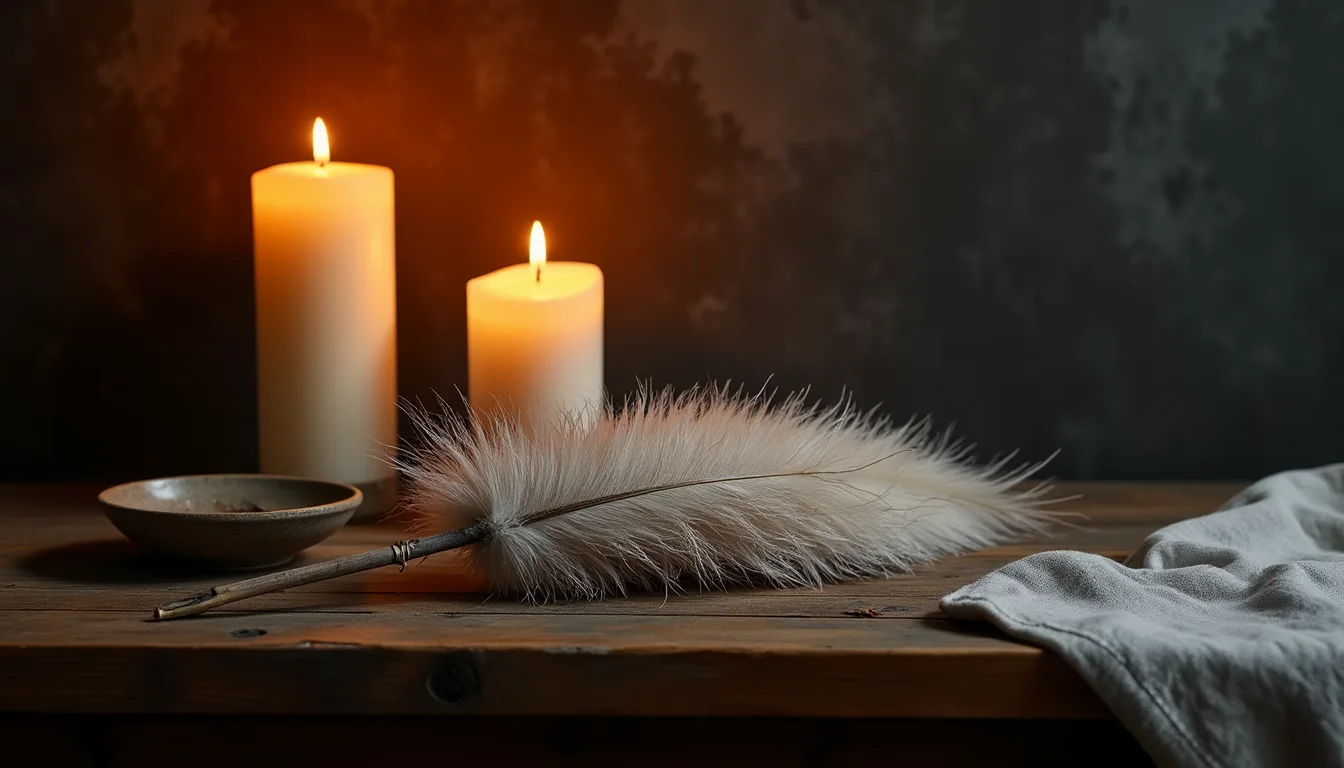 plume d'autruche et plumeau souple sur bois sombre patiné