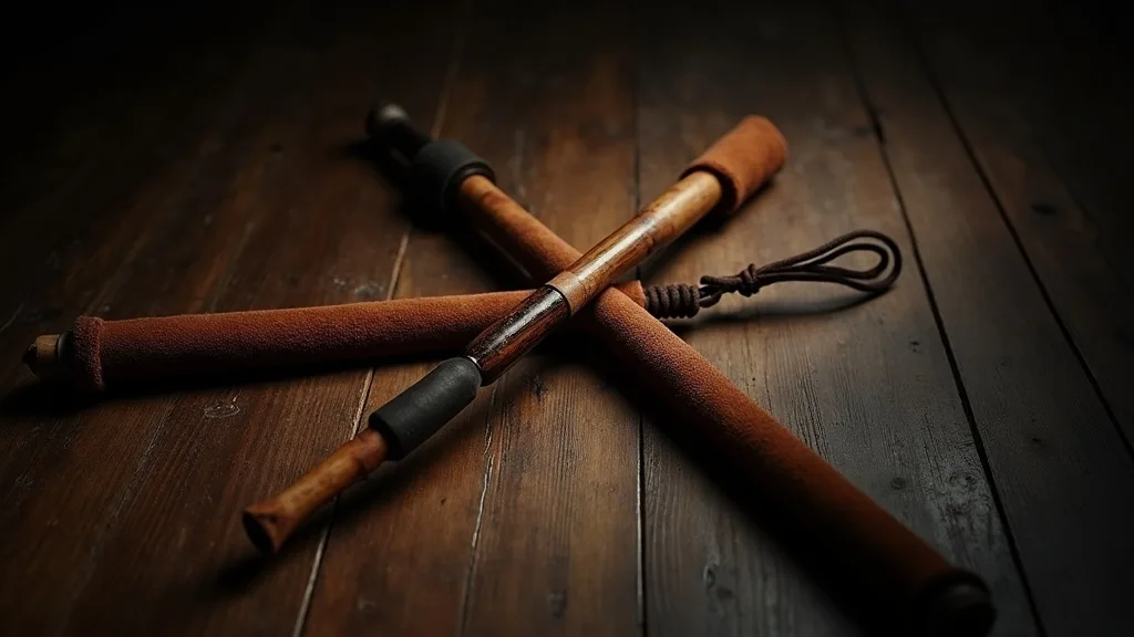 Cravache et martinet croises sur bois sombre